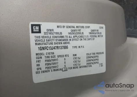 2007 Chevrolet Tahoe Lt from USA, damaged, VIN 1GNFC13J47R137886